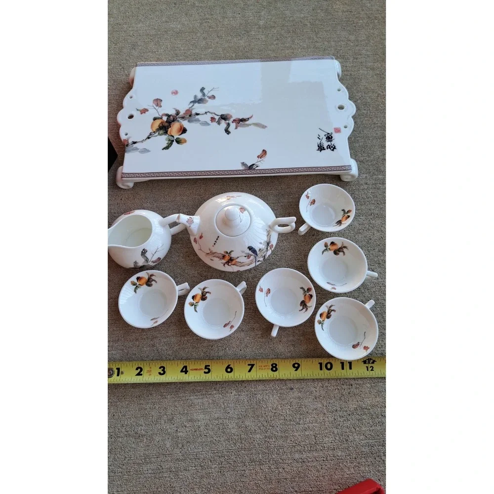Demeilan Fine Bone China VTG Chinese Miniature Tea Set Teapot Creamer 6 Cup Tray